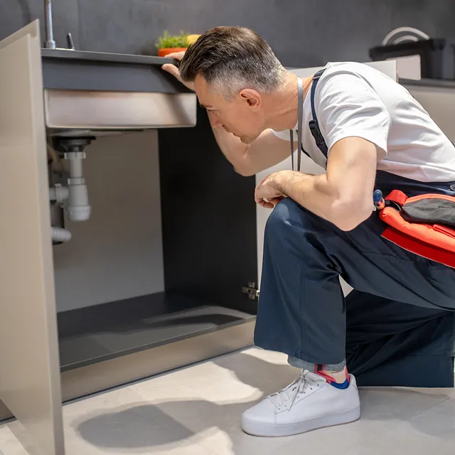Mann kneler foran vask for å sjekke rør